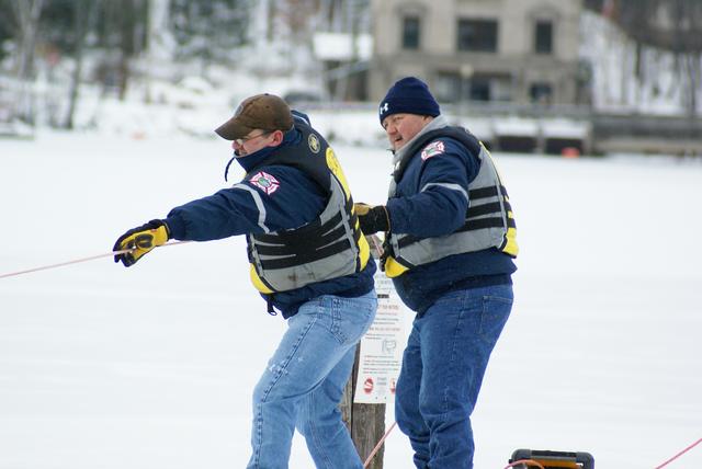 SLVFD Paid Driver Rick Hurteau, and Lieutenant Tim Donaldson Tend Lines,  &quot;Lifeguard Systems, Surface Ice Rescue Training 1/8/2012&quot;